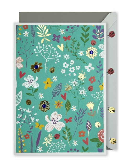 Embellished Vertical Card: Wildflowers with ladybird & hearts