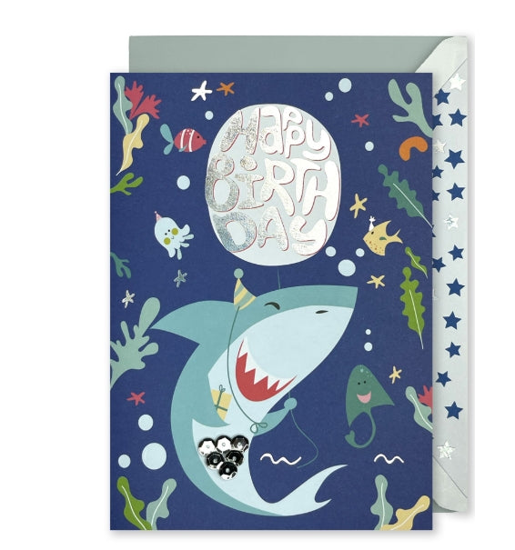 Embelished Vertical Card: : “Happy Birthday” Party Shark