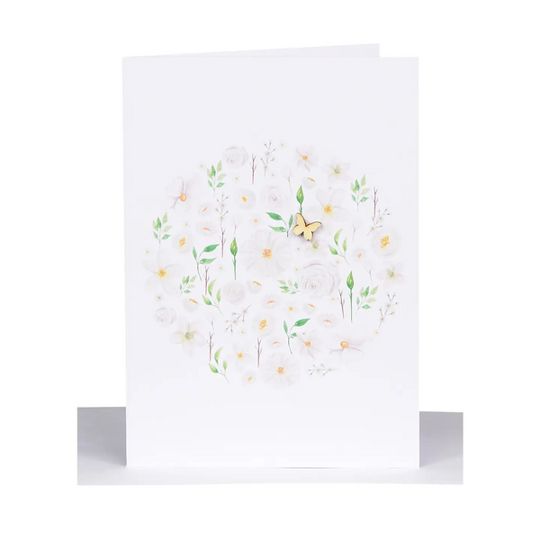 White Flowers Greeting Card - Wooden Butterfly