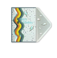 Embellished Vertical Card: “Happy Birthday” Wavy Coloured Lines & Lightning strikes