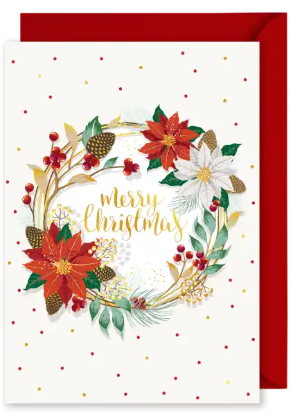 Christmas Card - 'Merry Christmas' Poinsettia Wreath