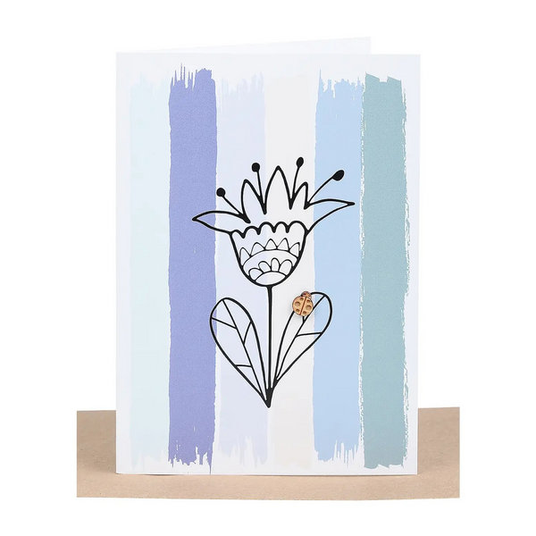 Blue Stripes Blank Greeting Card - Small Wooden Lady Bug