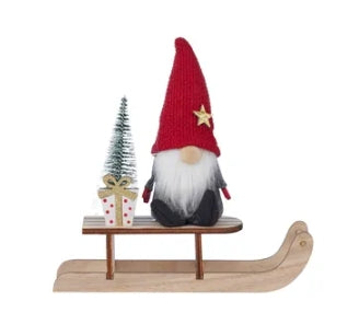 Red Gnome on Wood Sleigh