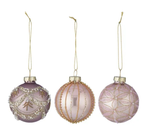 6cm Glass Bauble Embellished Matte Pink