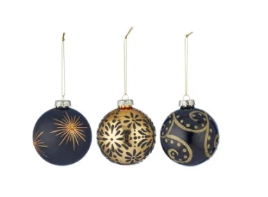 8cm Glass Bauble Glitter Black/Gold