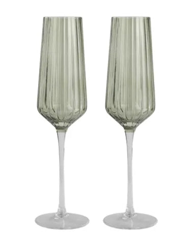 Green Ribbed Flute Glasses