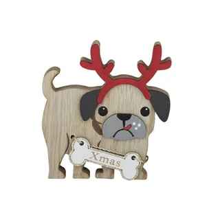 Xmas Dog with Antlers Wooden Ornament