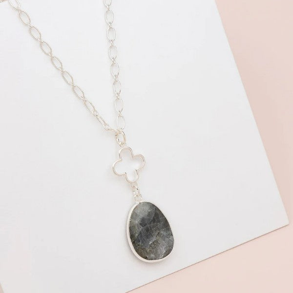 SILVER FLOWER WITH GREY STONE LONG NECKLACE**