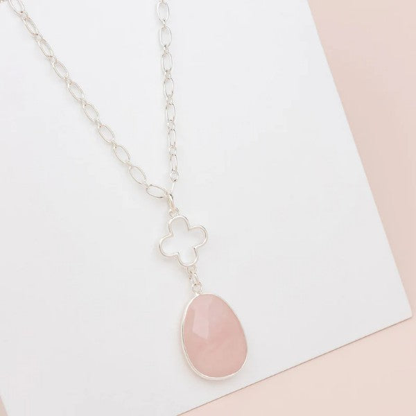 SILVER FLOWER WITH ROSE QUARTZ LONG NECKLACE**