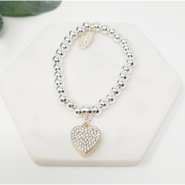 SILVER BEAD BLING HEART BRACELET